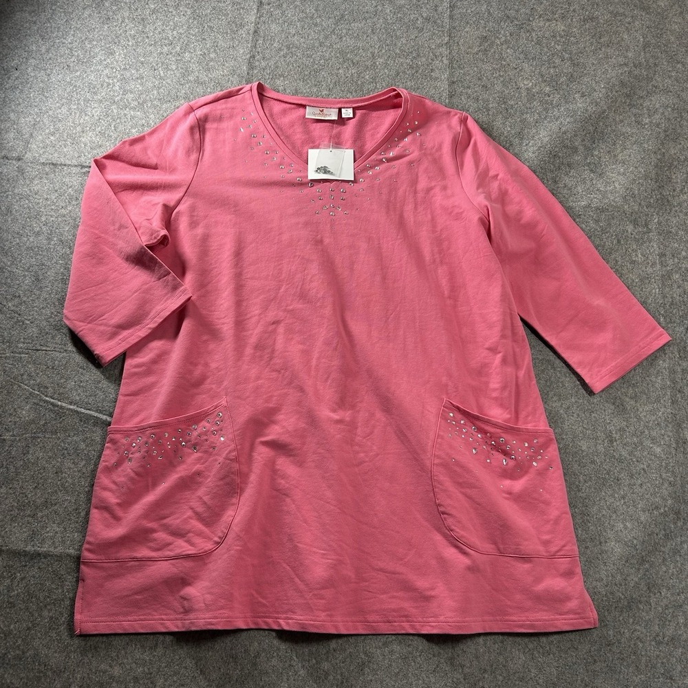 Quacker Factory Top Womens XL Pink Gem Rhinestone 3/4 Sleeve Tunic Knit